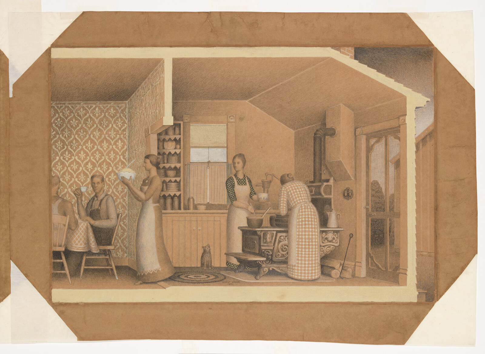 Three women prepare food at a stove while a family sits eating at a kitchen table.