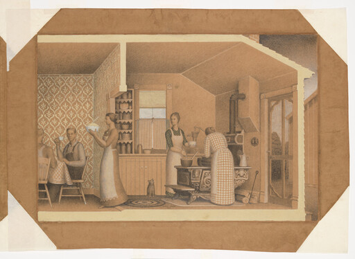 Three women prepare food at a stove while a family sits eating at a kitchen table.
