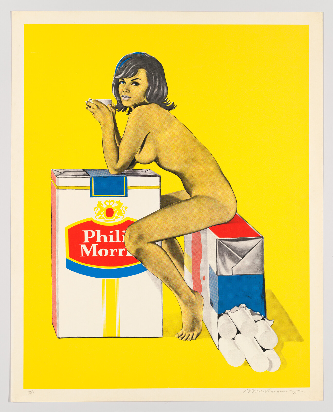 A naked woman leans on oversized Philip Morris cigarette packs while holding a cup.