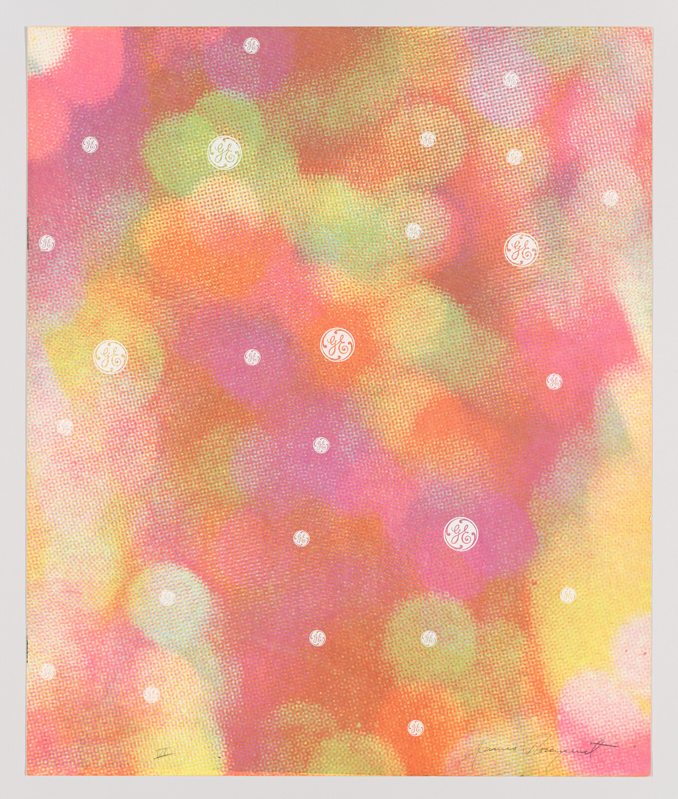 Abstract canvas of pink, orange, and green bokeh dots dotted with small white GE logos.