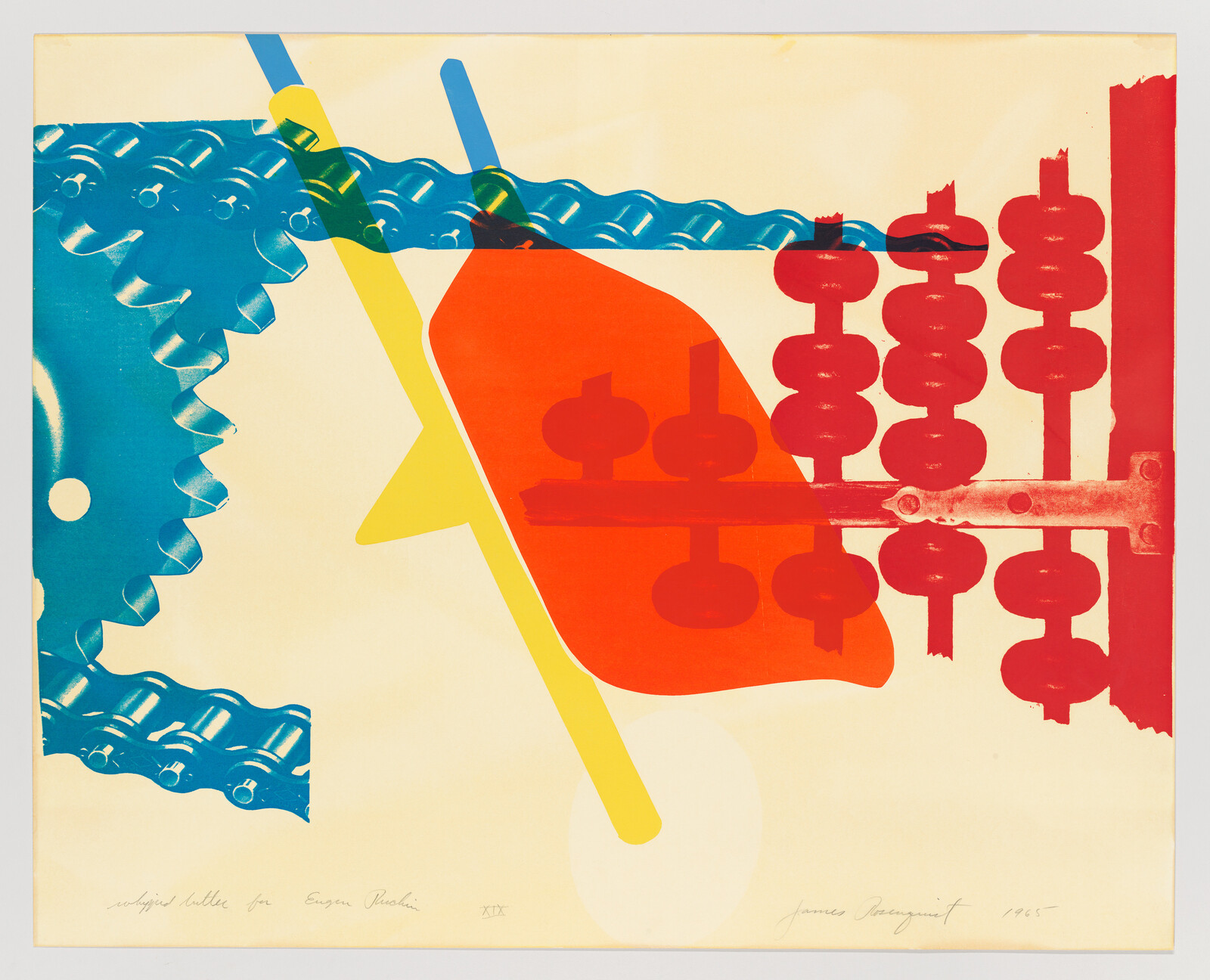 A vibrant abstract print featuring a combination of geometric and organic shapes in blue, yellow, red, and orange. The composition includes wavy lines, circular forms, and grid-like patterns, suggesting mechanical or industrial elements. The artwork is signed and dated in the lower right corner.