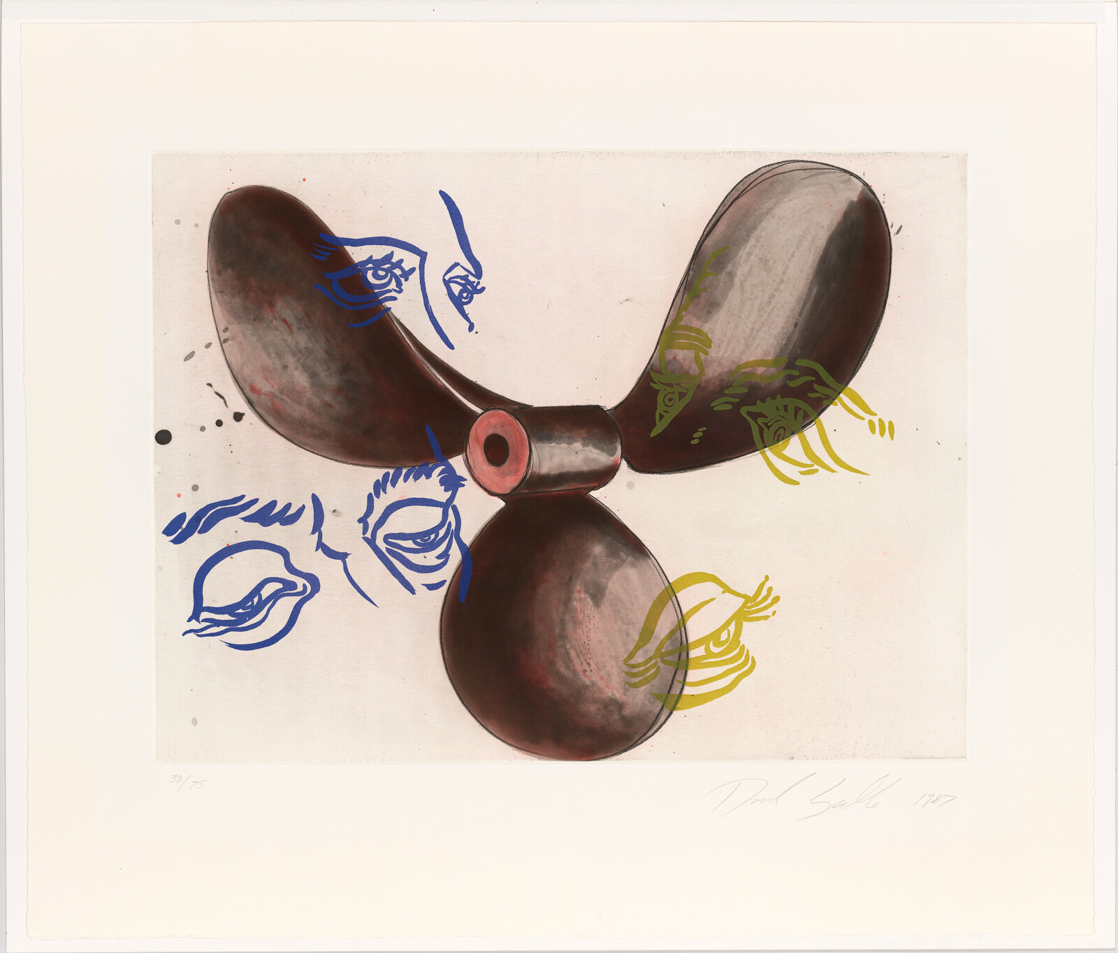 Large brown three-bladed propeller shape surrounded by stylized blue and yellow eyes.