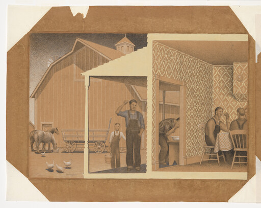 Farmer and boy stand in a farmhouse doorway with horses and chickens outside while men eat inside.