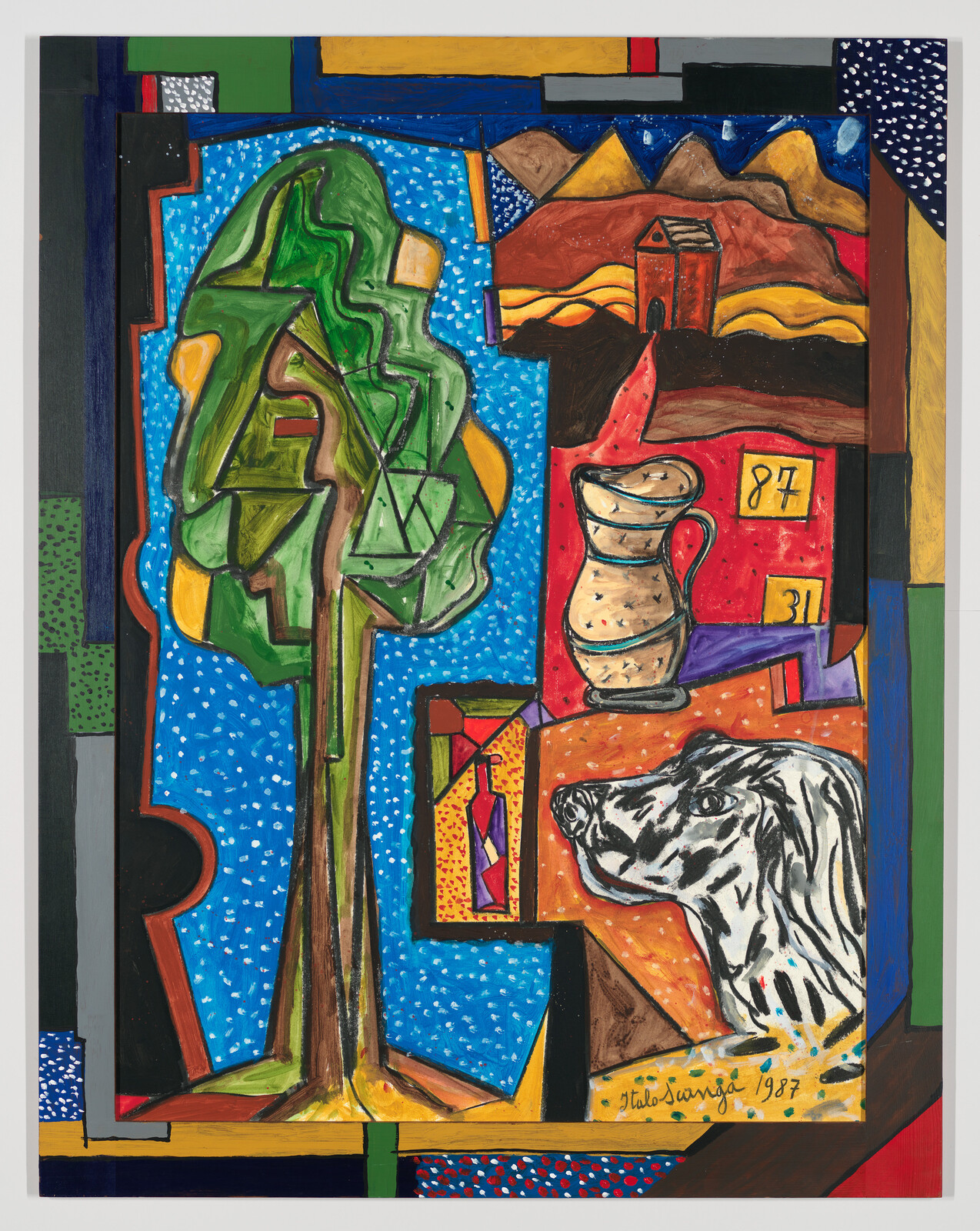 Vibrant abstract painting with a tree, geometric shapes, a jug, and a dog's head, signed "Italo Scanga 1987."