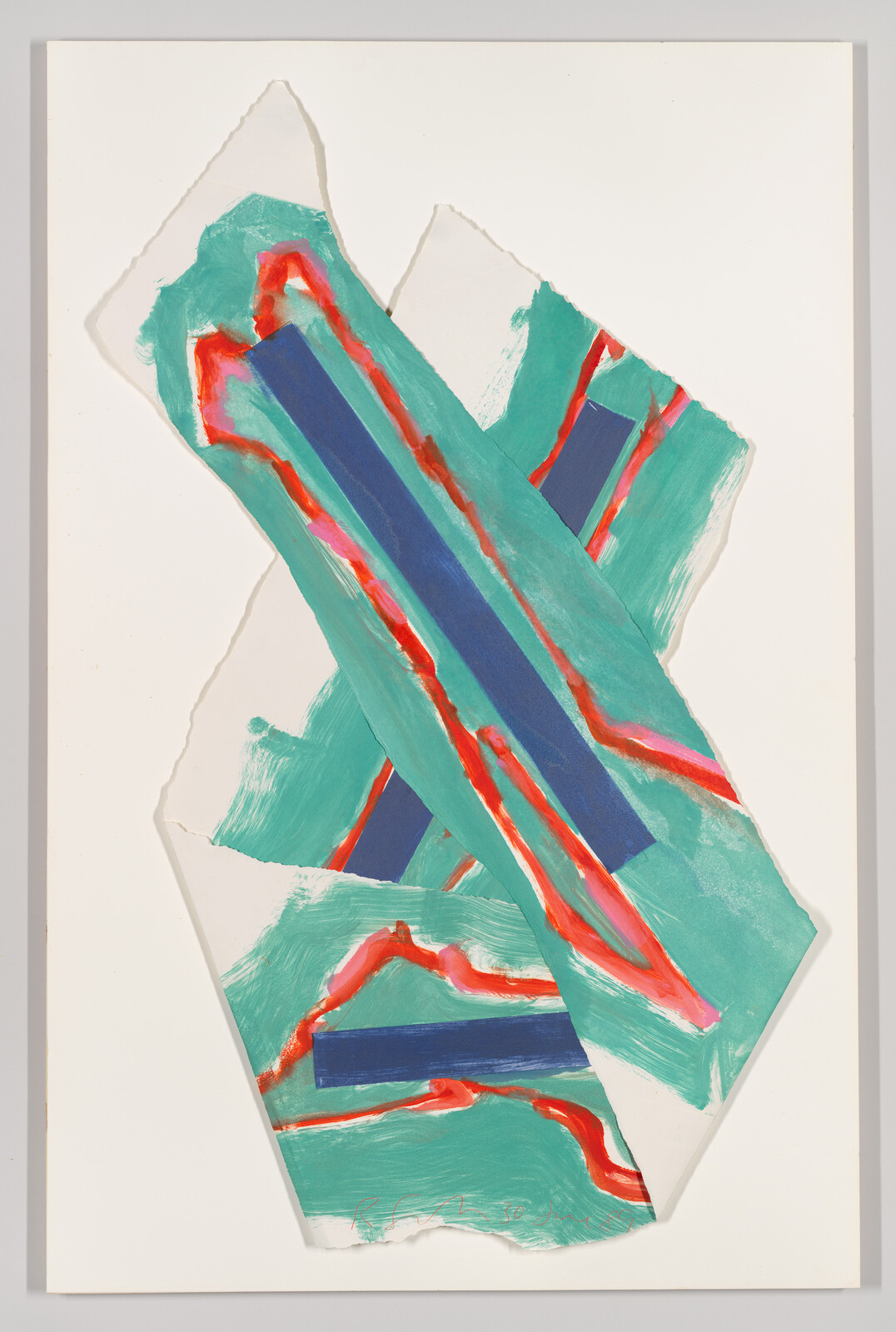 Torn collage of teal painted paper with red-orange streaks and blue rectangular strips on white.