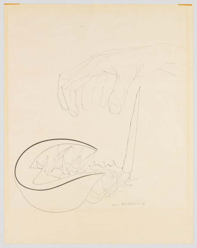 A delicate line drawing shows a hand hovering above a bowl filled with sharp spikes.