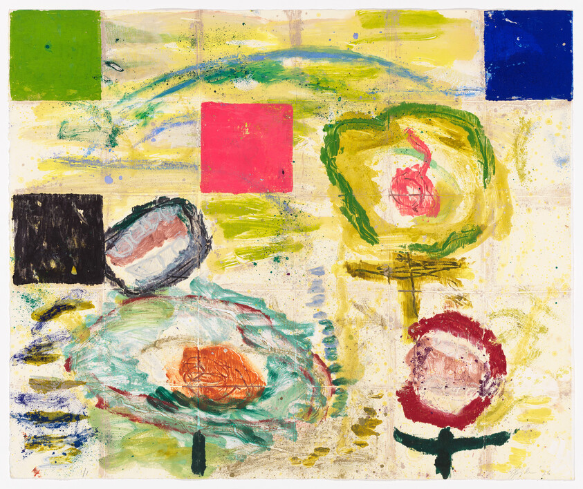 A vibrant abstract painting featuring a variety of shapes and brushstrokes in a multitude of colors. The composition includes several roughly painted flowers in red and green, with a backdrop of yellow and splashes of blue, green, and red. Solid colored squares in green, red, blue, and black are positioned in the corners and edges of the canvas. The artwork has a playful and energetic feel with its dynamic use of color and form.