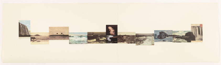A horizontal collage of small landscape photos showing waterfalls, rocky shores, and ocean scenes across a white background.