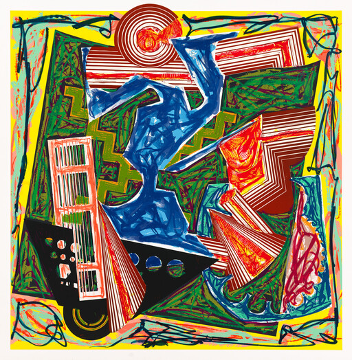 A dynamic blue abstract figure leaps amid colorful geometric shapes and layered patterns.
