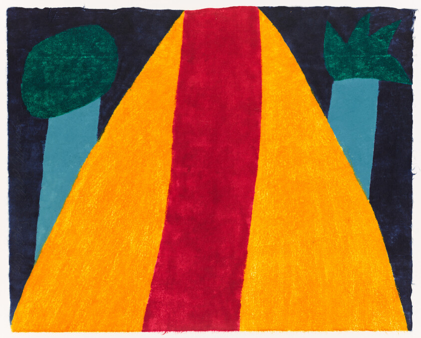 Abstract artwork with a red path flanked by yellow fields and two stylized trees against a dark blue background.
