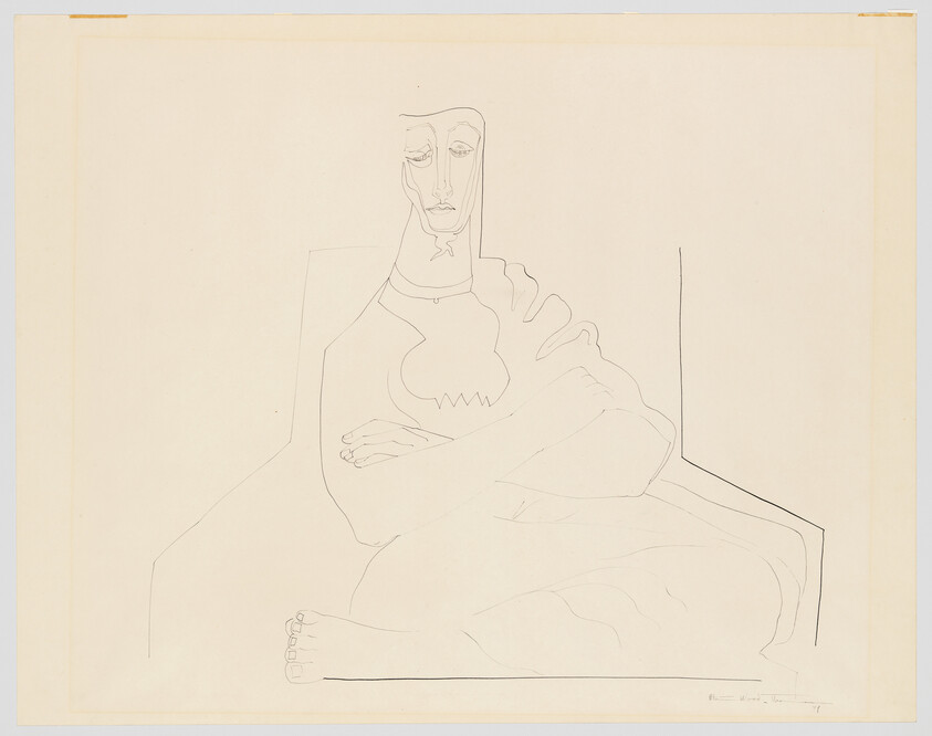 A simple line drawing of a seated woman with folded arms and a calm, pensive expression.