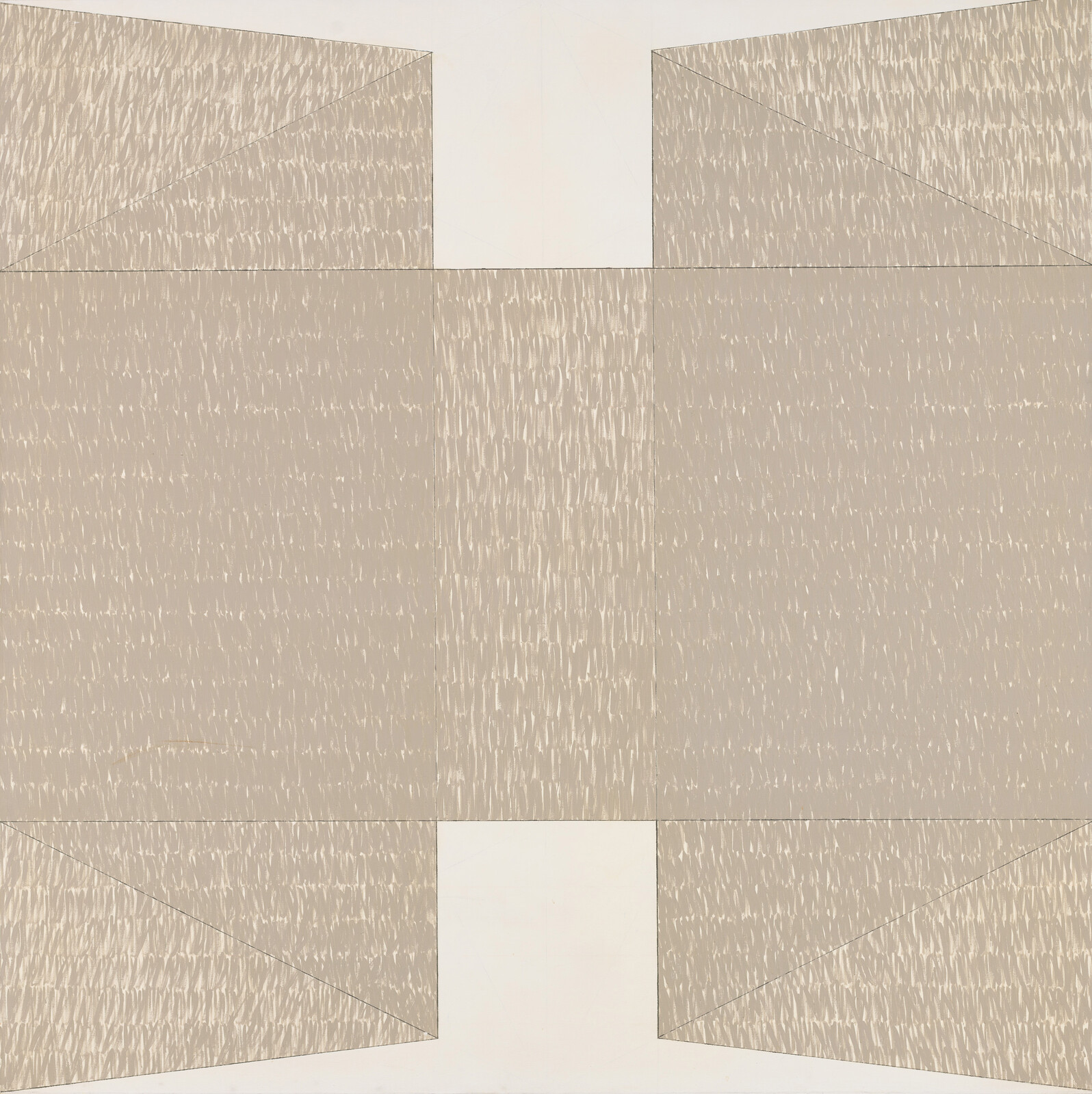 Geometric abstract art with textured tan triangles and rectangles on a white background.