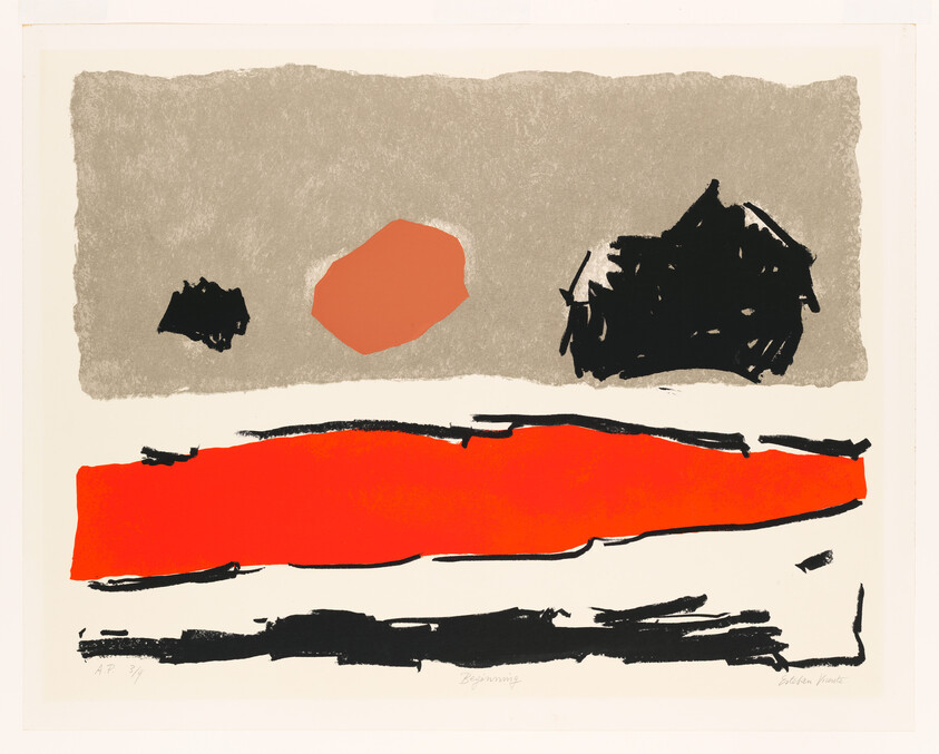 Abstract composition with a wide red-orange band, gray sky, orange circle, and black scribbles.