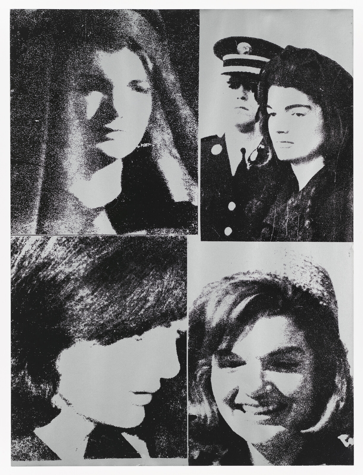 A collage of four high-contrast black and white images featuring portraits of people. The top left image shows a woman with long hair looking to the side. The top right image depicts a woman and a man in a military uniform, both facing forward. The bottom left image is a profile view of a person with a shaggy haircut. The bottom right image captures a smiling woman looking to her right. The overall style is grainy and reminiscent of photocopy art.