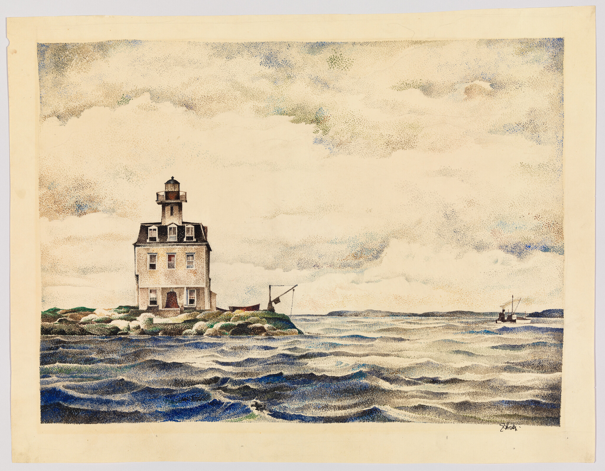 A small lighthouse house stands on a rocky island while waves roll and a boat sails nearby.