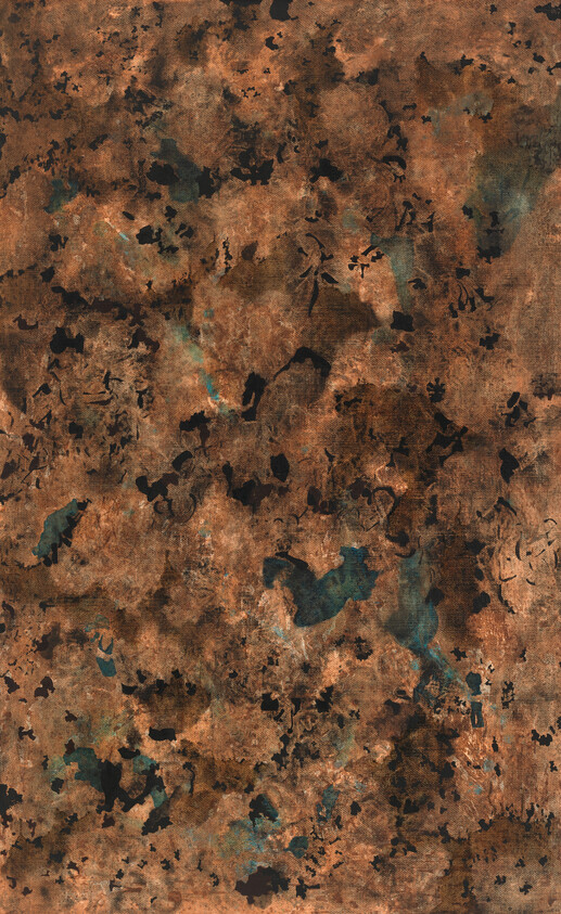 Rust-colored, heavily weathered metal surface with dark spots and turquoise corrosion patches across it.