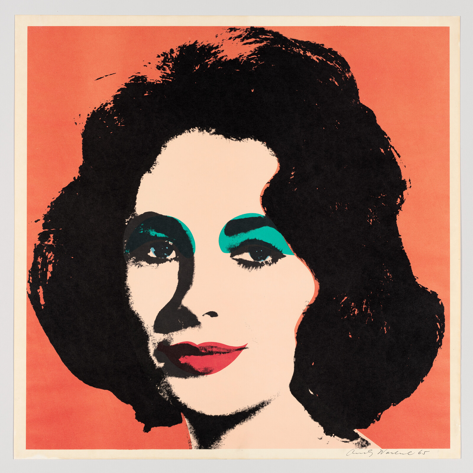 Pop art style portrait with bold orange background, featuring a woman with black hair, blue eyeshadow, and red lips.