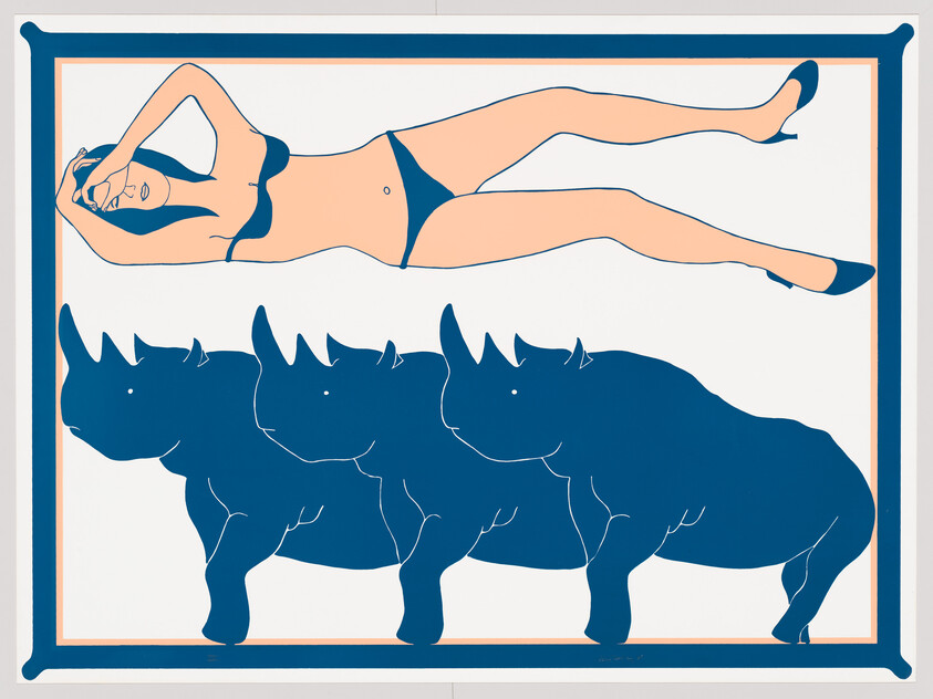 A stylized illustration of a woman lying on her side, supported by a row of four rhinoceroses beneath her. The woman is wearing a bikini and high heels, and the image uses a limited color palette of blue, orange, and white, with a thick blue border framing the scene.