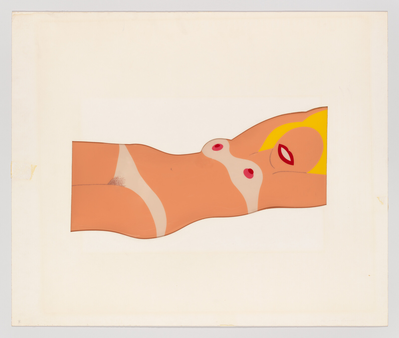 A flat, stylized reclining nude woman with bright hair and red lips in simple shapes.