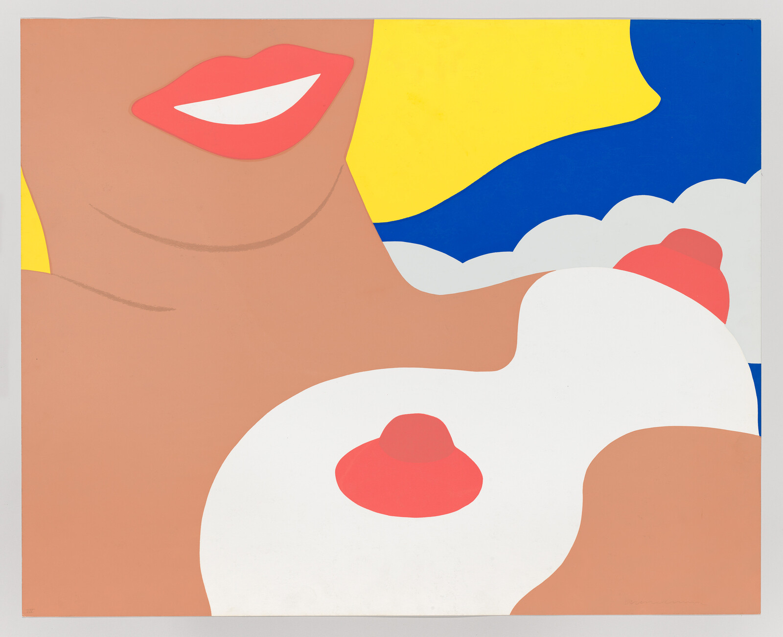 A colorful pop-art close-up of a smiling woman’s breasts and lips against abstract sky shapes.