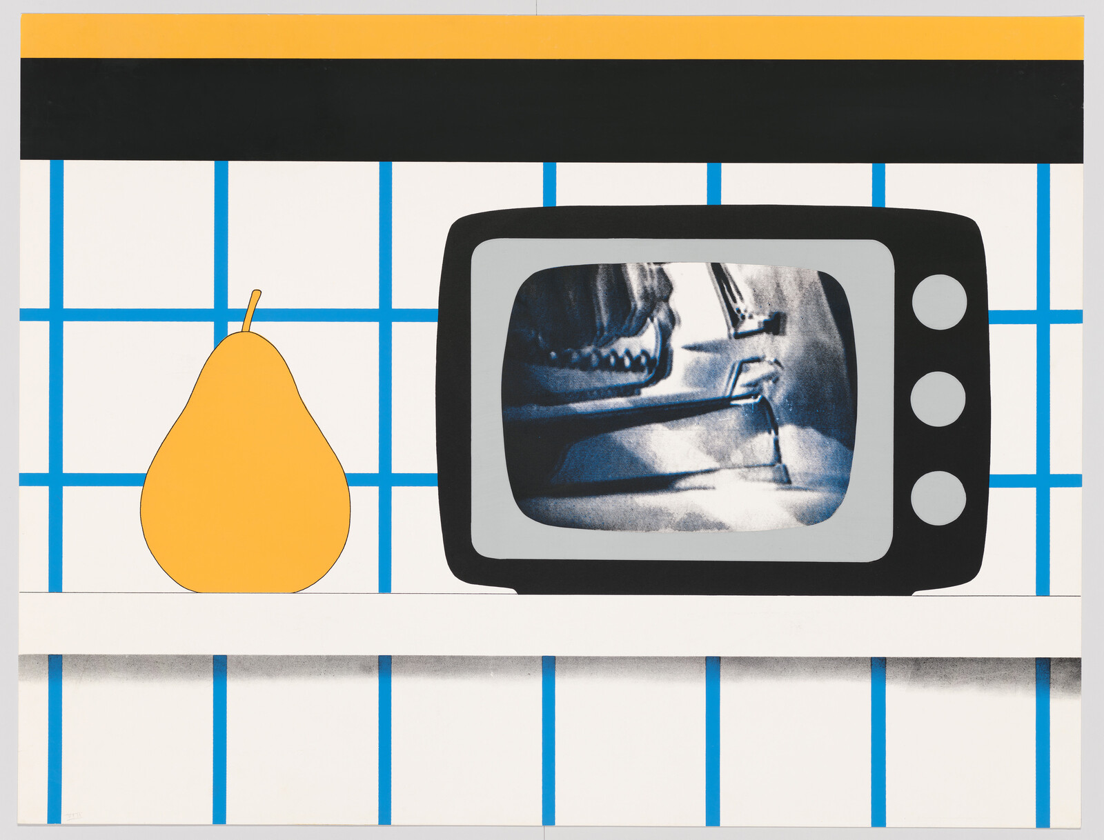 A graphic artwork featuring a stylized yellow pear on the left against a background with blue grid lines. In the center, there is a representation of a vintage television displaying a black and white image of a skull. The top and bottom of the artwork have horizontal stripes in black, yellow, and blue.
