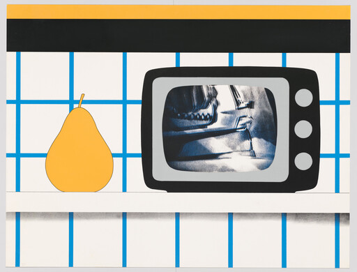 A yellow pear sits next to a retro television displaying a black-and-white medical X-ray.