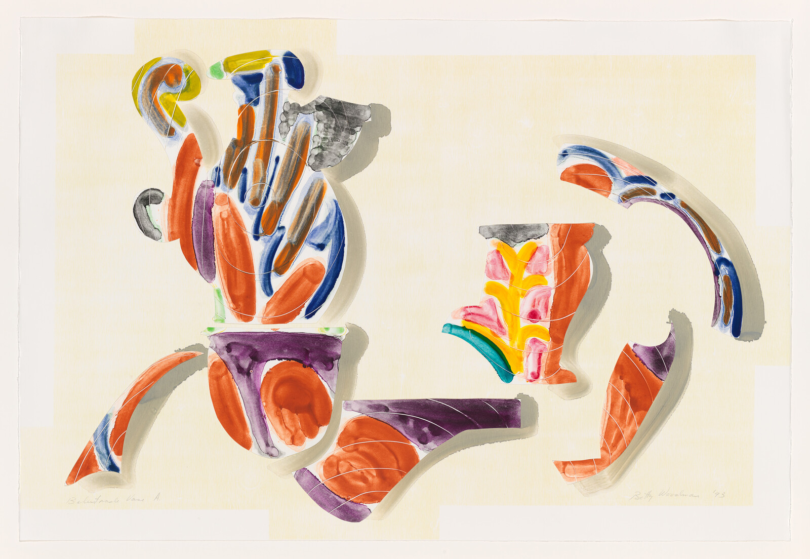 Colorful painted ceramic fragments with bold abstract patterns arranged on a pale background casting soft shadows.