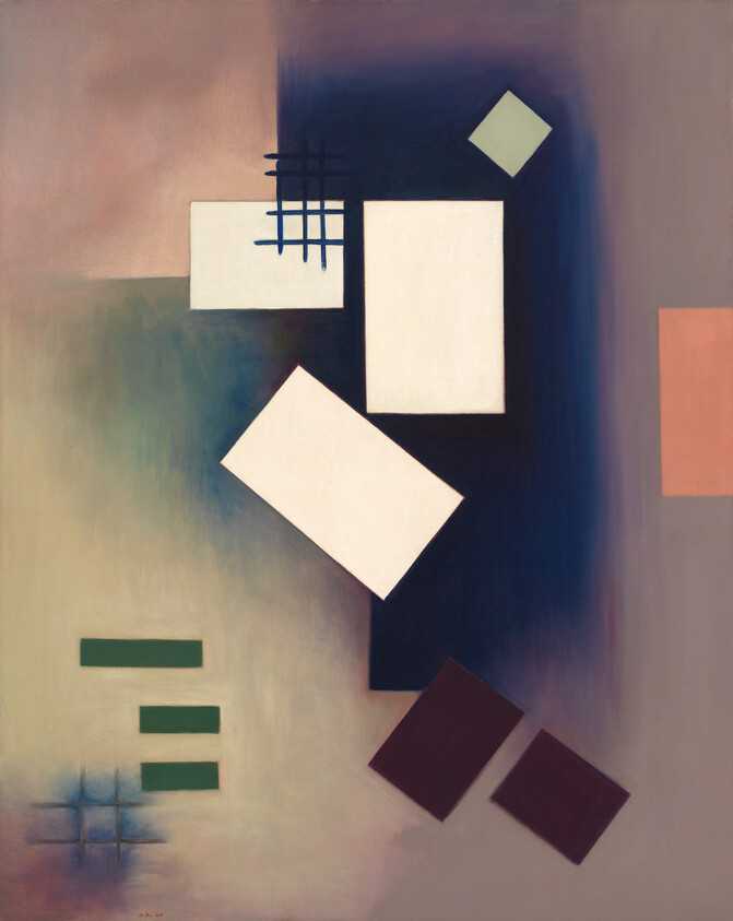 Abstract painting featuring geometric shapes such as rectangles and squares in various sizes and colors, including white, black, and shades of brown, against a softly blended background with hues of purple, brown, and blue. Some shapes overlap, creating a sense of depth and complexity.