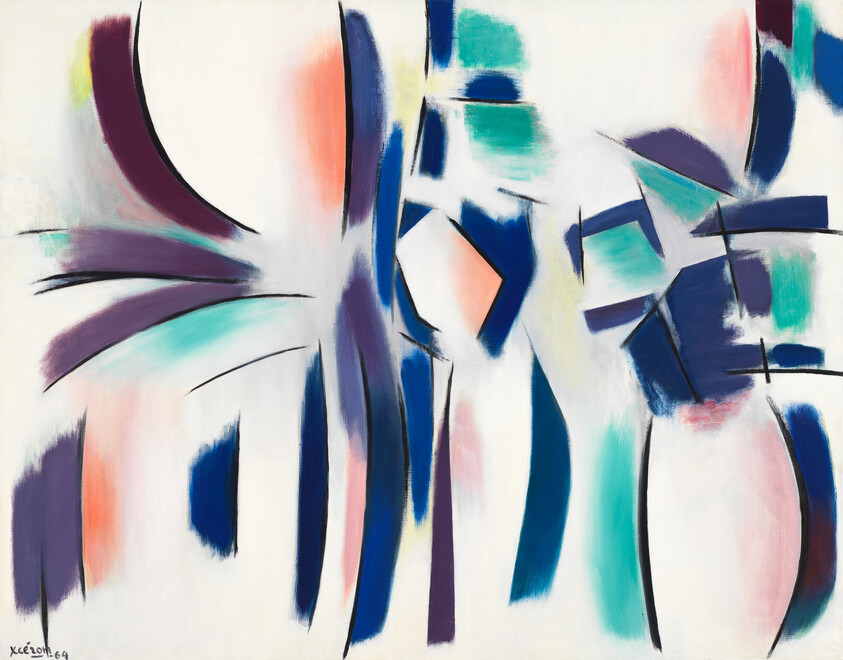 Abstract painting with curved teal, navy, purple, and peach brushstrokes across a white background.