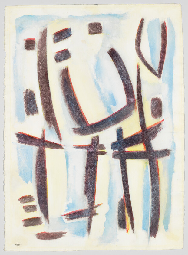 Abstract painting with bold dark curved and vertical brushstrokes over soft blue and yellow washes.