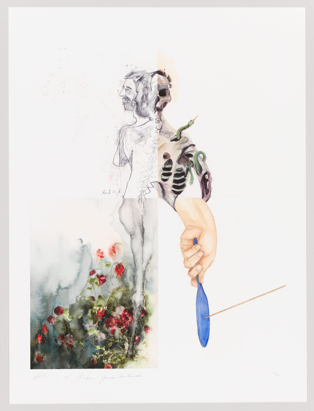 A mixed media artwork featuring a fragmented figure with parts of the body illustrated in different styles and mediums. The left side shows a sketch of a man's profile, while the right side transitions into a colorful anatomical dissection with exposed bones and organs. A hand holding a blue feather is prominently positioned on the right, and below is a watercolor landscape with red flowers. The image contains signatures and numbers indicating it's a limited edition piece.