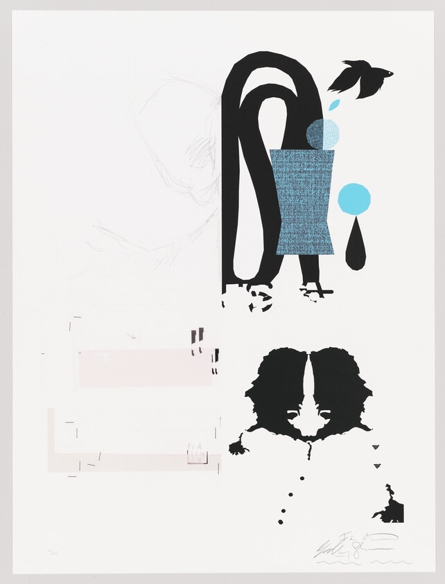 Abstract artwork featuring a central figure with a black silhouette and a textured blue basket-like body, surrounded by various elements including a bird, droplets, and a mirrored black profile at the bottom. The background is white with faint sketches and geometric shapes in pink and black. The piece includes signatures and is numbered at the bottom.