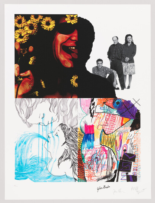 Collage with a laughing person holding yellow flowers above three standing figures and colorful abstract faces below.