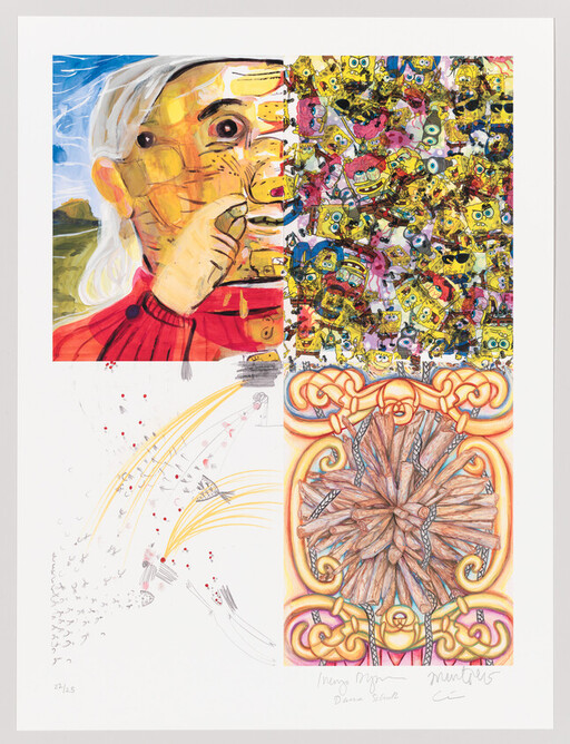 Collage showing a person peeling a yellow mask, a chaotic cluster of cartoon faces, and ornate wooden knot.