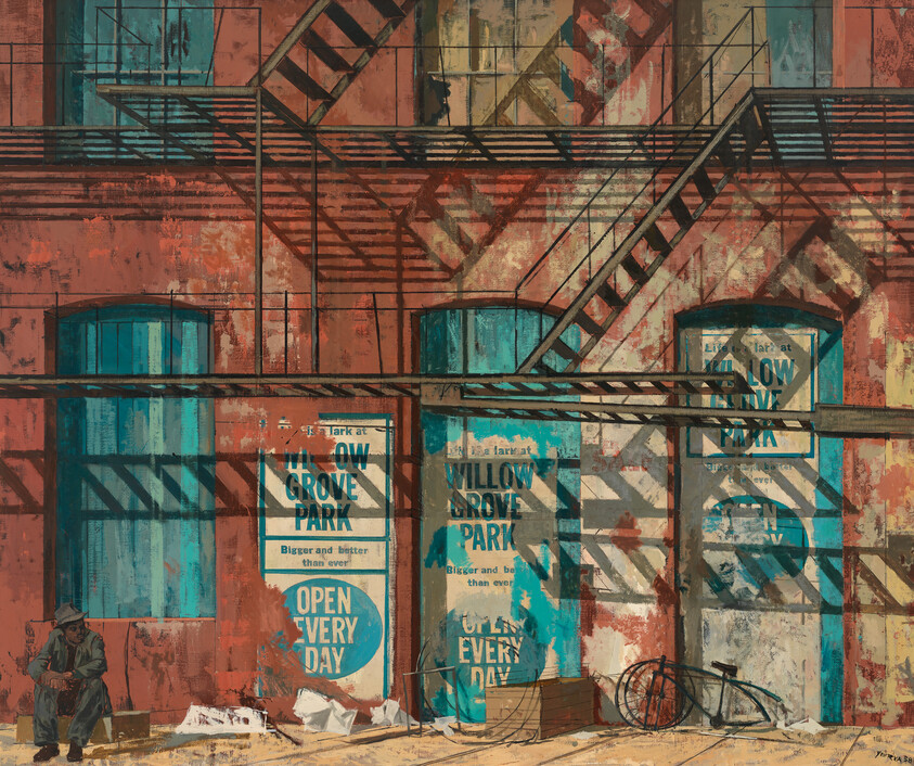 Worn brick building with fire escapes, posters reading "Willow Grove Park," seated man and bicycle.