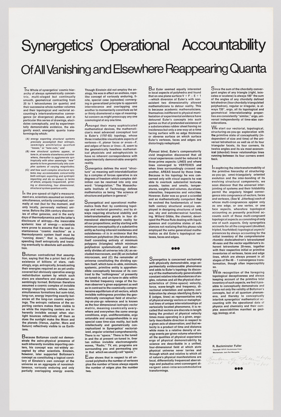 A detailed page from a scientific or philosophical text titled "Synergetics' Operational Accountability Of All Vanishing and Elsewhere Reappearing Quanta" with densely packed text discussing concepts related to physics, mathematics, and philosophy, including references to Einstein and Euler. The document appears to be a page from a book or paper by R. Buckminster Fuller, as indicated by the author's name at the bottom. The text is interspersed with mathematical formulas and small geometric illustrations.