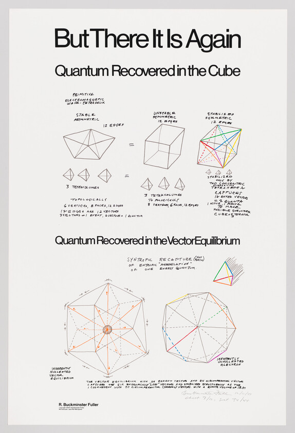 Poster showing geometric diagrams and handwritten notes about quantum recovery in a cube and vector equilibrium.