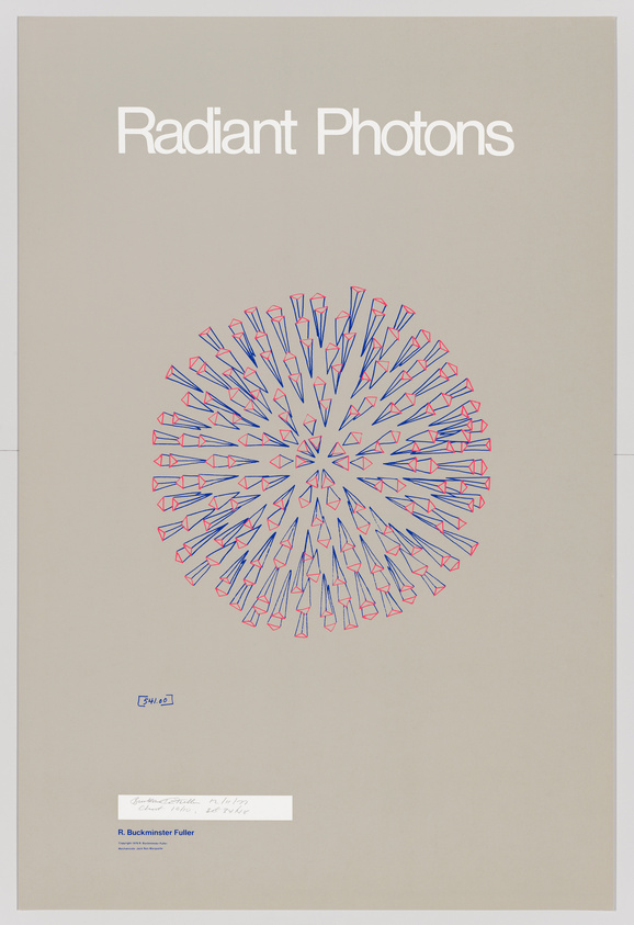 A poster with the title "Radiant Photons" at the top, featuring a central graphic of numerous blue and red pencil-like shapes arranged in a circular, radiating pattern on a beige background. Below the graphic, there is a handwritten note and a signature that reads "R. Buckminster Fuller," along with a small blue stamp on the left side.