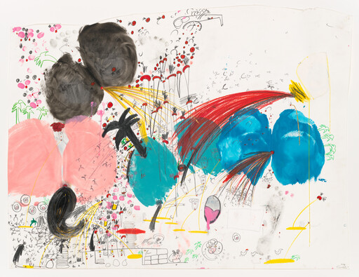 Abstract artwork with large blue and pink paint blobs, red sweeping strokes, and scattered doodles.