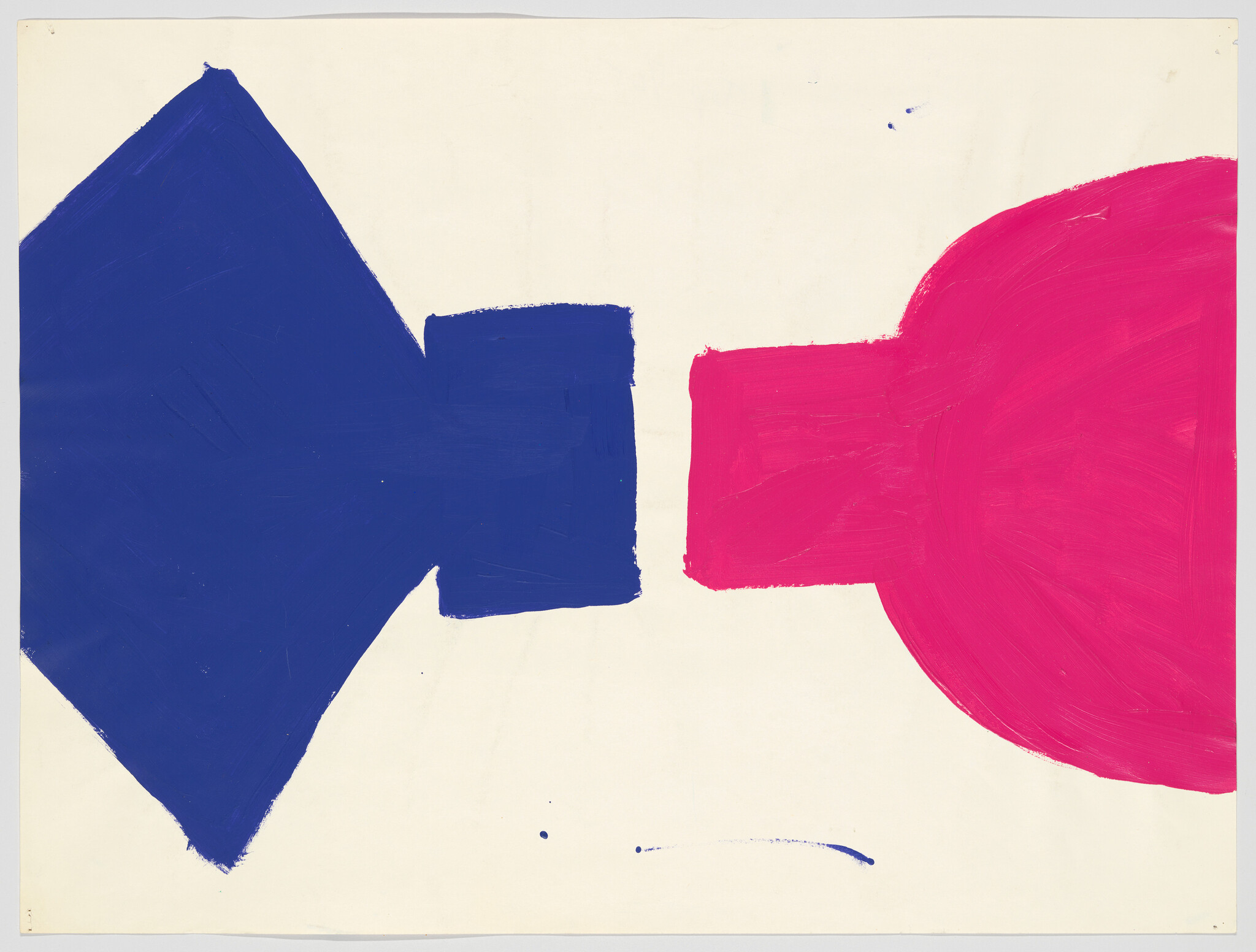 Large blue geometric shape and magenta circular form face each other across a cream background.