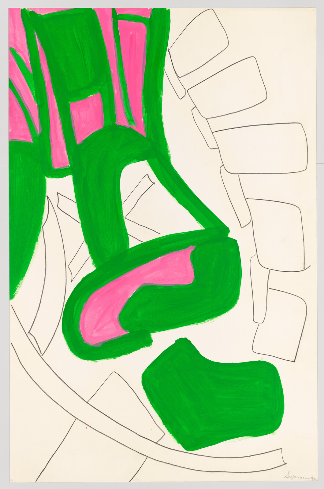 Bright green and pink abstract shapes swirl against a white background with black outlines.