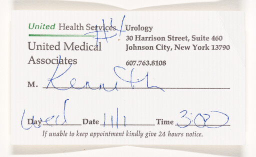 United Medical Associates urology appointment card marked for November 1 at 3:00.