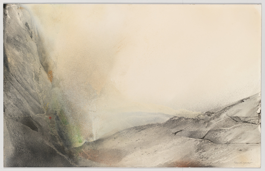 A watercolor painting depicting a misty, mountainous landscape with subtle color variations ranging from grays to yellows and hints of green and red. The scene conveys a sense of tranquility and the vastness of nature. The artist's signature is visible in the lower right corner.