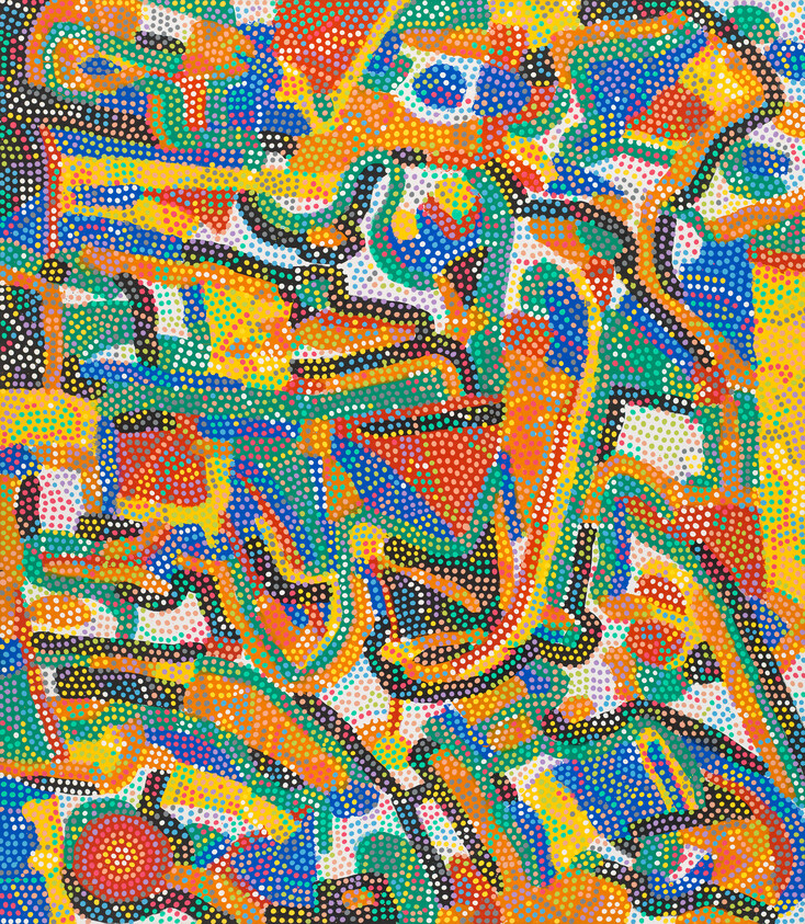 Colorful abstract dot painting with overlapping geometric shapes and bold black outlines.