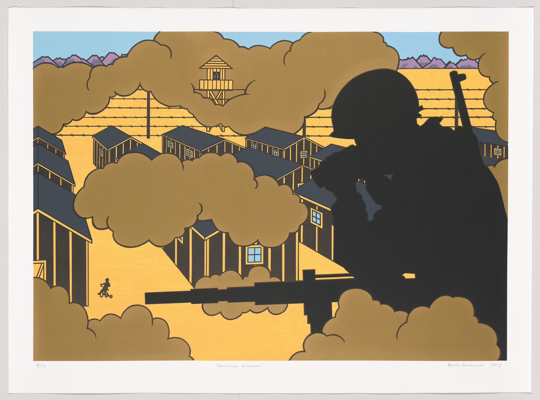 A large soldier’s shadow with a gun looms over a fenced camp with barracks, guard tower, and a child on a tricycle.