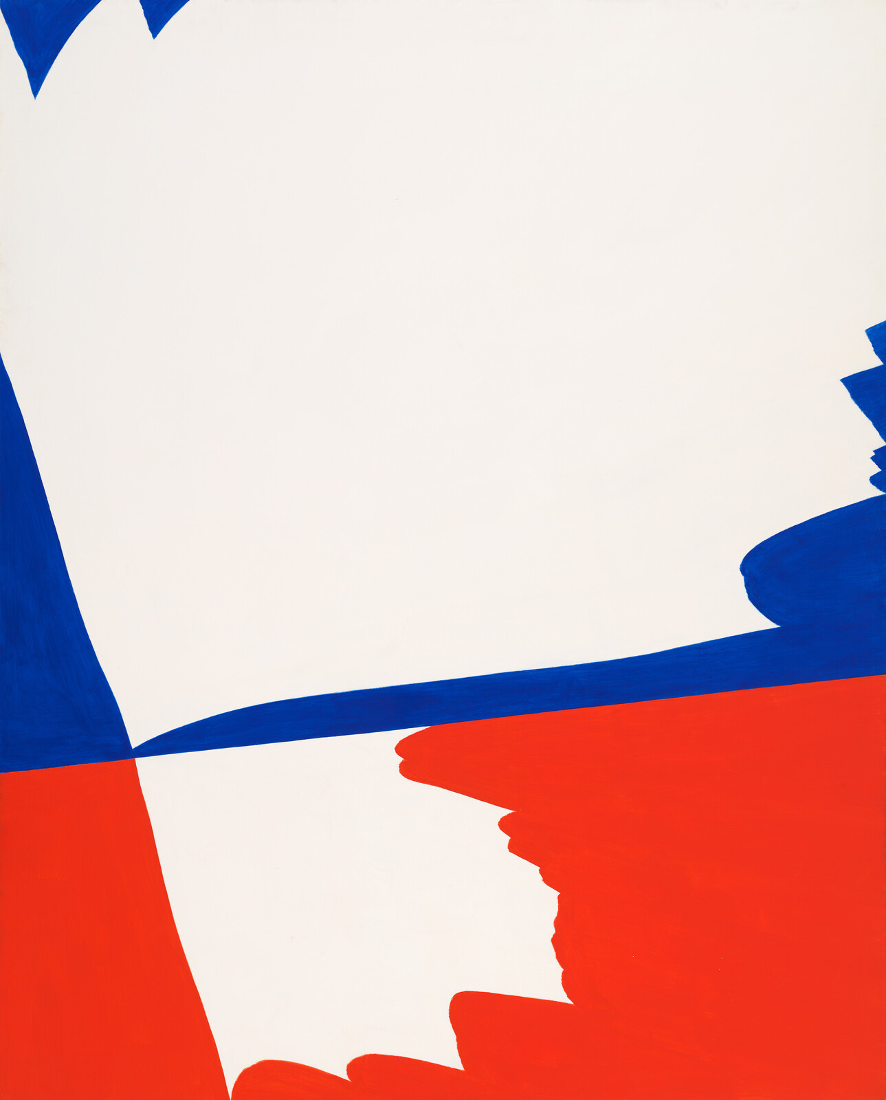 Large white canvas with bold red and blue abstract shapes crossing the lower and right edges.