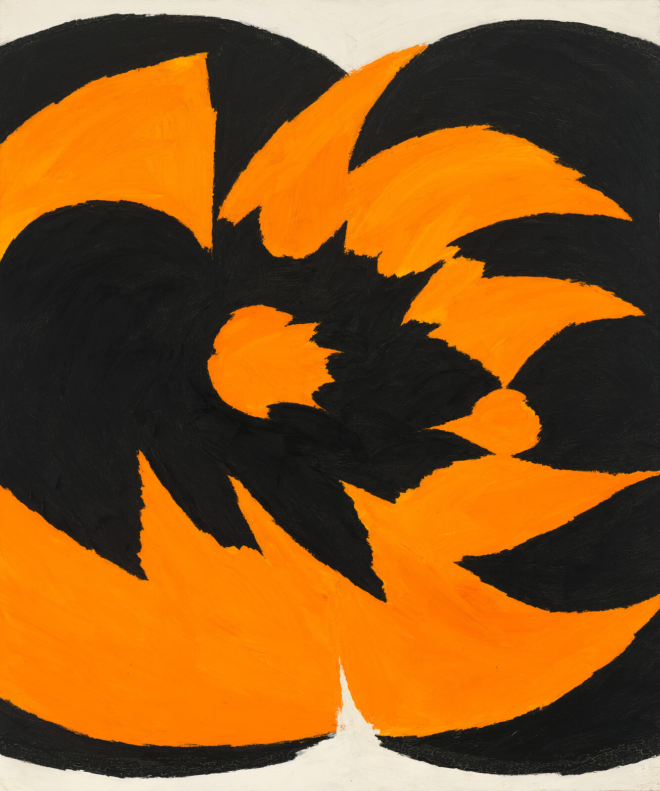 Bold orange and black curved shapes swirl together creating a dynamic abstract composition.