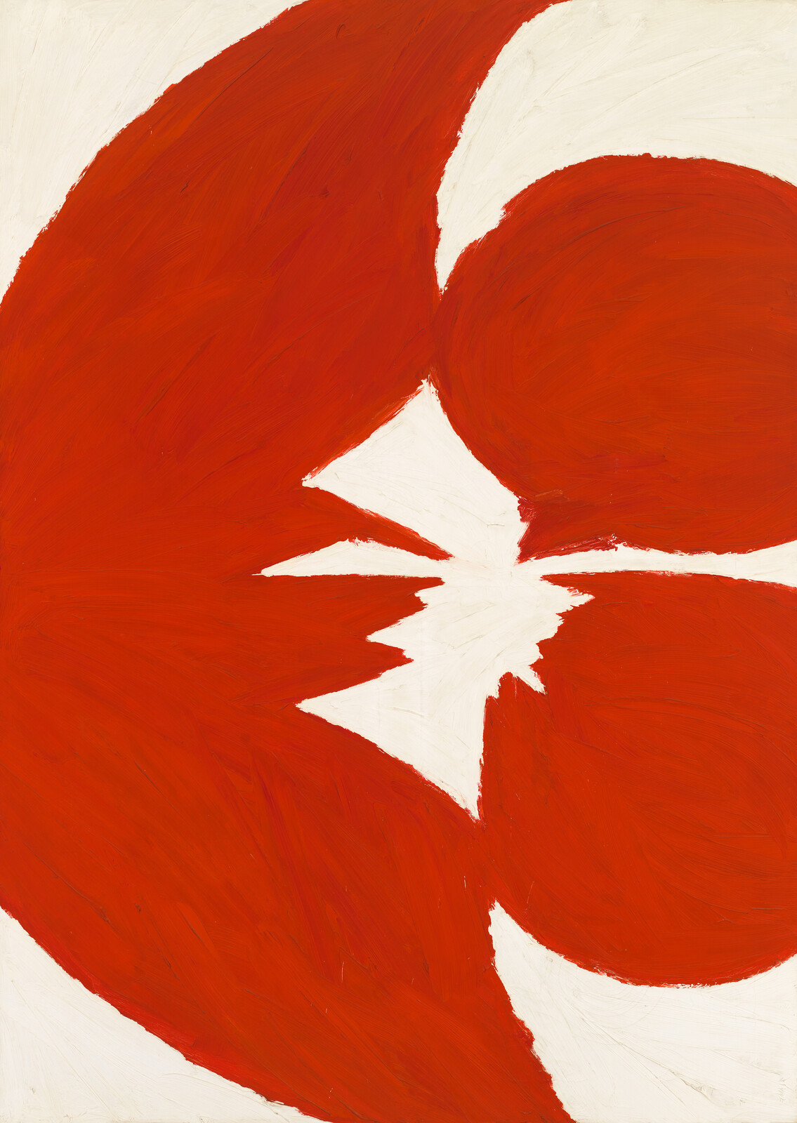 Large red curved shapes surround a white jagged starburst at the center.