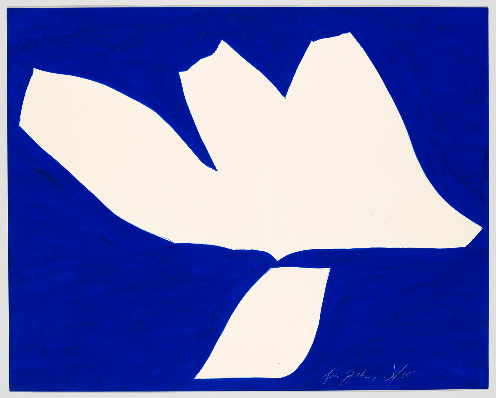 A large white abstract leaf shape floats against a deep blue painted background.