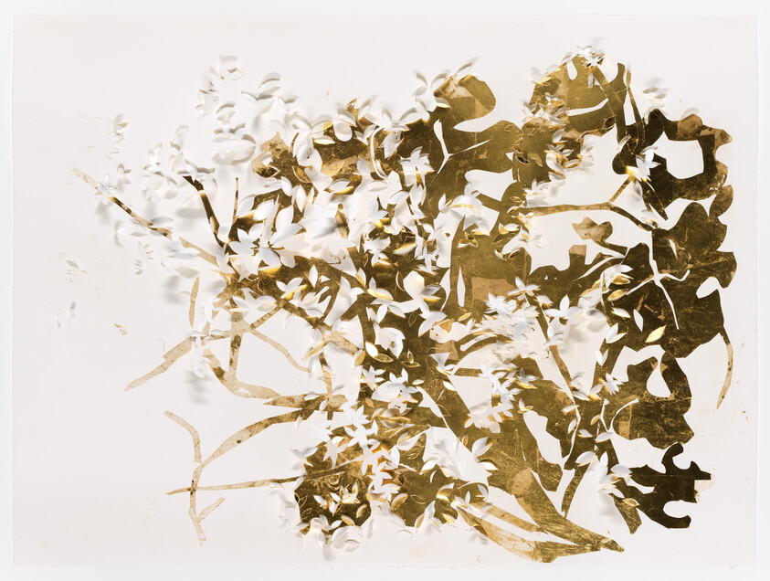 Delicate gold leaf cutouts of leaves and flowers arranged on a white background.